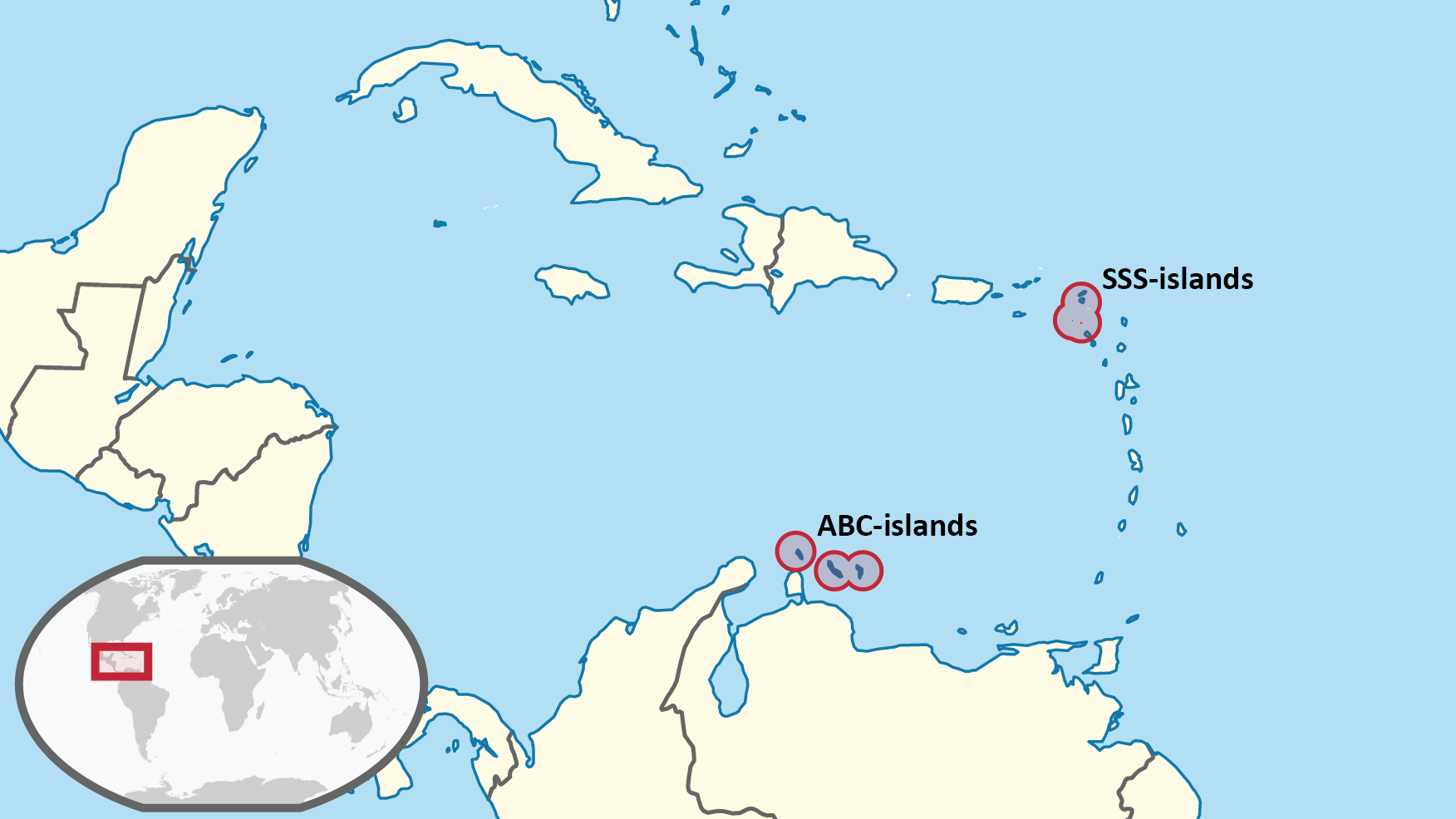 map showing the location of the ABC islands and the SSS islands in the Caribbean